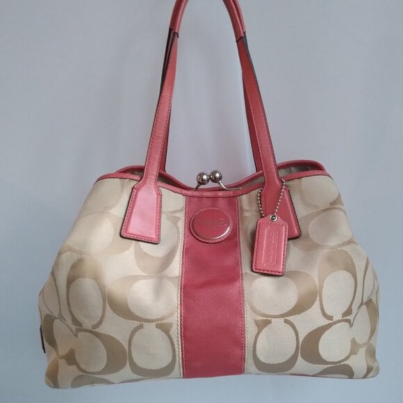 Coach Signature Stripe Kiss Lock Coral & Beige Frame Carryall Bag - Picture 1 of 14